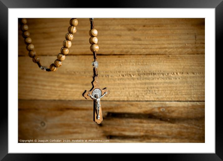 Rosary with wooden beads and Christian cross. Framed Mounted Print by Joaquin Corbalan