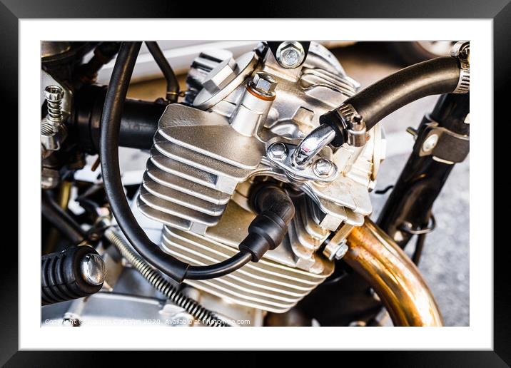Detail of the gasoline engine of a motorcycle. Framed Mounted Print by Joaquin Corbalan