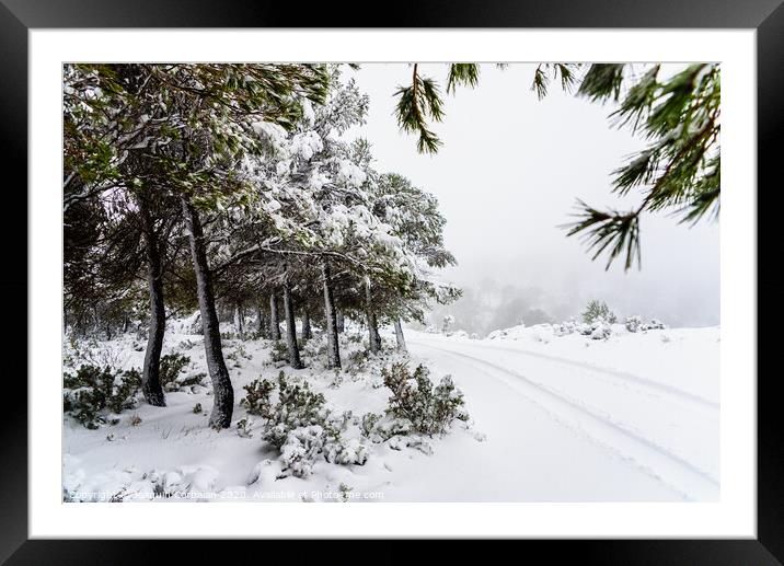 Snowy road difficult to reach with snow piled up in the trees. Framed Mounted Print by Joaquin Corbalan