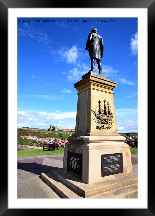Captain Cook watching over Whitby Harbour Framed Mounted Print by Heather McGow
