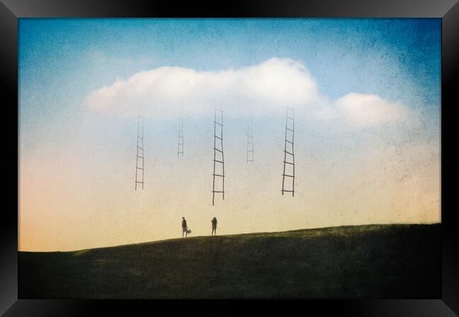 A magical concept. Of a couple looking at ladders  Framed Print by David Wall