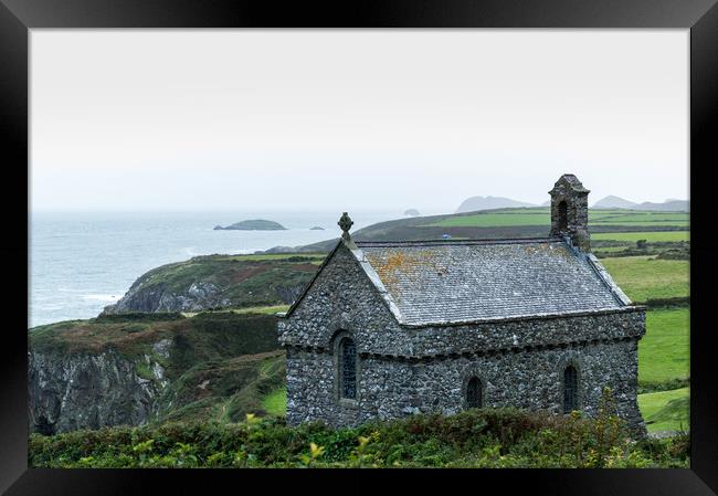 St Non's Chapel on the edge of a wild rugged coast Framed Print by David Wall