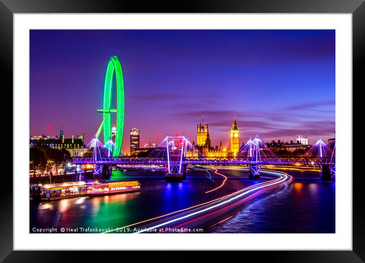 London City At Night Bright Neon Colours  Framed Mounted Print by Neal Trafankowski