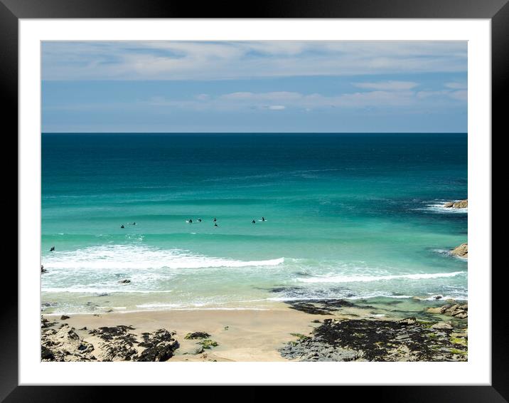 Surfers watching for waves at Little Fistral beach Framed Mounted Print by Tony Twyman