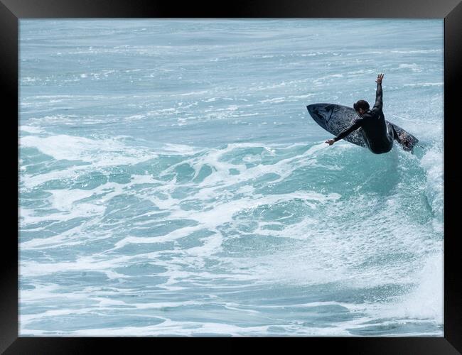 Surfer at Little Fistral beach Framed Print by Tony Twyman