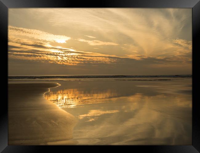 Westward Ho! reflective beach sunset in Devon Framed Print by Tony Twyman