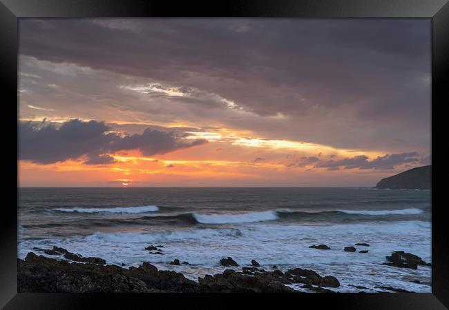 Moody Sunset at Croyde Bay in North Devon Framed Print by Tony Twyman