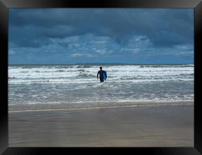 Surfer at Westward Ho! Devon Framed Print by Tony Twyman