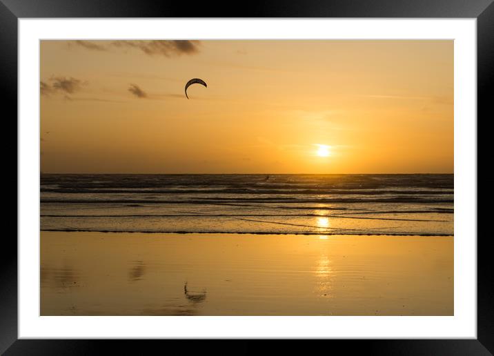 Sunset kite surfer at Westward Ho! in Devon Framed Mounted Print by Tony Twyman