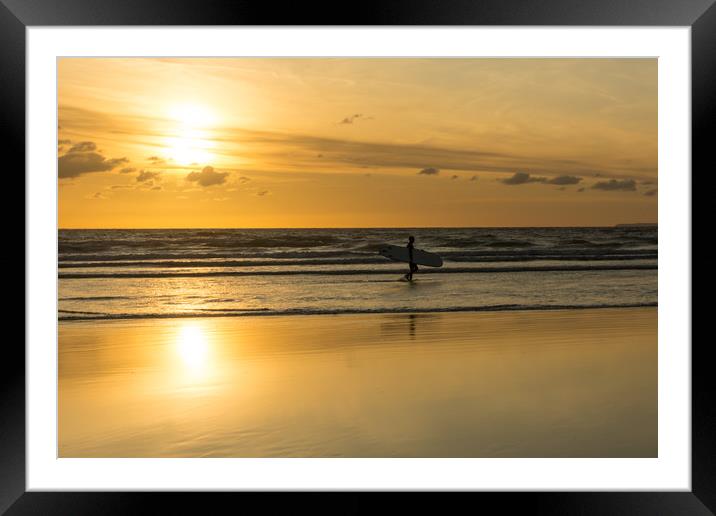 Sunset surfer at Westward Ho! North Devon Framed Mounted Print by Tony Twyman