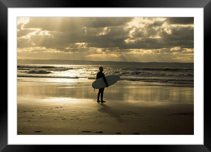 Surfer watching the waves at Croyde Bay in Devon Framed Mounted Print by Tony Twyman