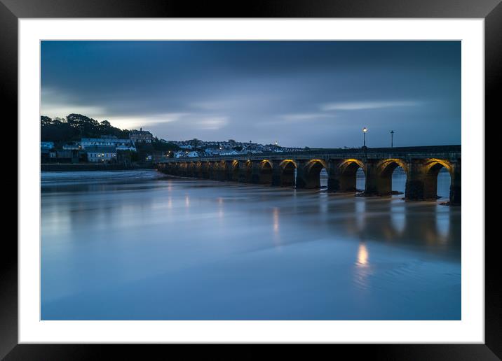 Moody sunrise at Bideford Long Bridge in Devon Framed Mounted Print by Tony Twyman