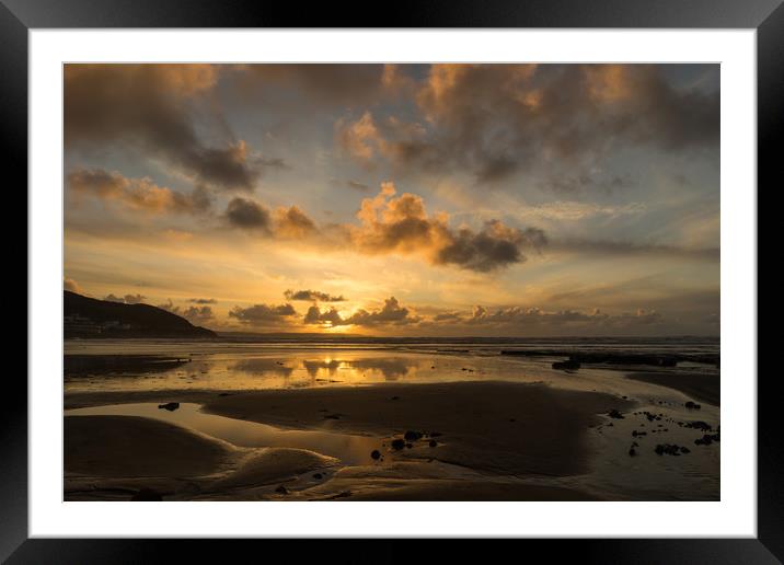 Golden sunset reflections at Westward Ho Framed Mounted Print by Tony Twyman