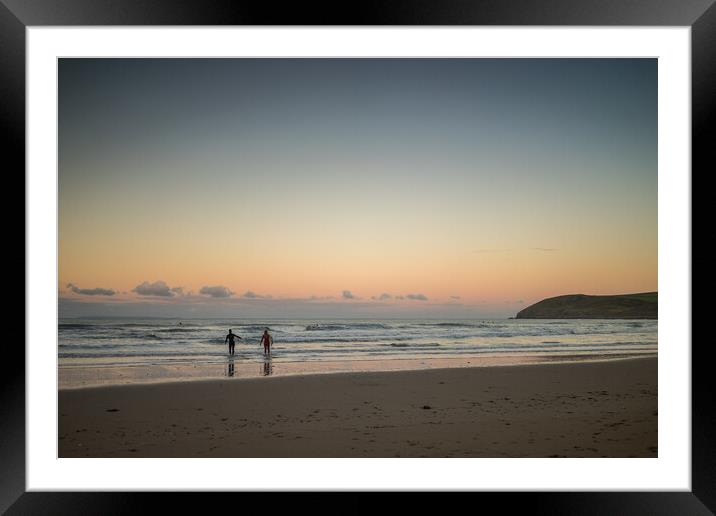 Croyde surfers at sunrise Framed Mounted Print by Tony Twyman