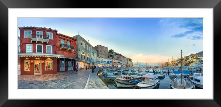 Panoramic of the waterfront of Hydra, Greece. Framed Mounted Print by RUBEN RAMOS