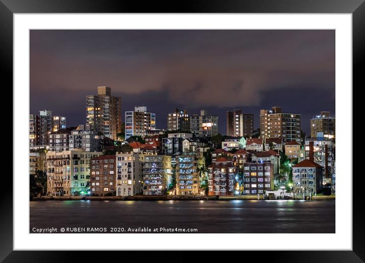 Cityscape at Sydney Harbor at night,  Framed Mounted Print by RUBEN RAMOS