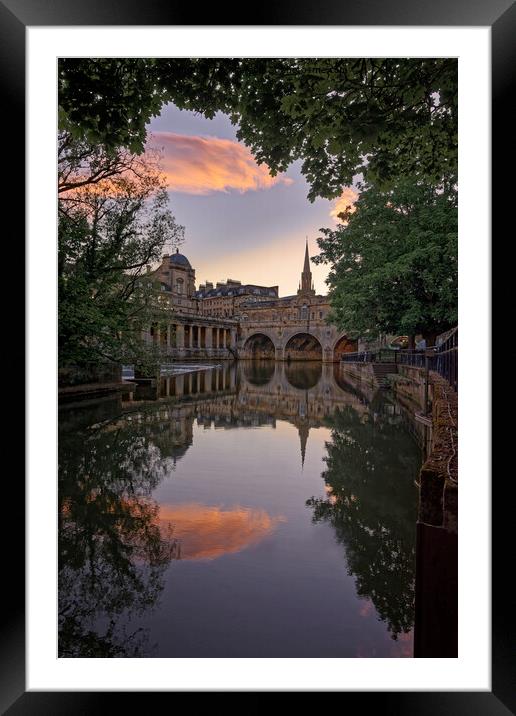 Pink Clouds reflected in the River Avon at Pulteney Bridge Bath Framed Mounted Print by Duncan Savidge