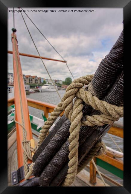 A close up of a rope on The Matthew of Bristol Framed Print by Duncan Savidge