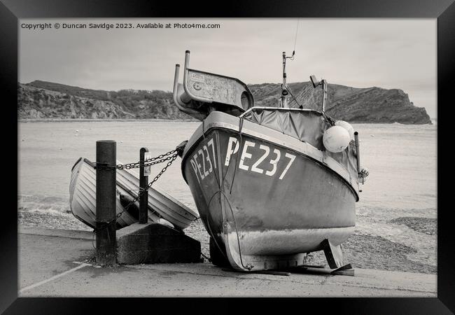 Fishing Boat at Lulworth Cove black and white Framed Print by Duncan Savidge