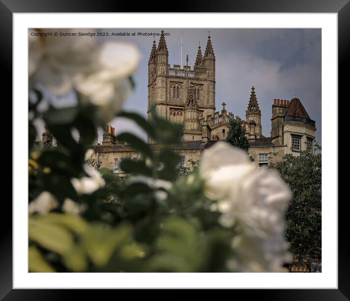 Bath Abbey framed by white roses Framed Mounted Print by Duncan Savidge