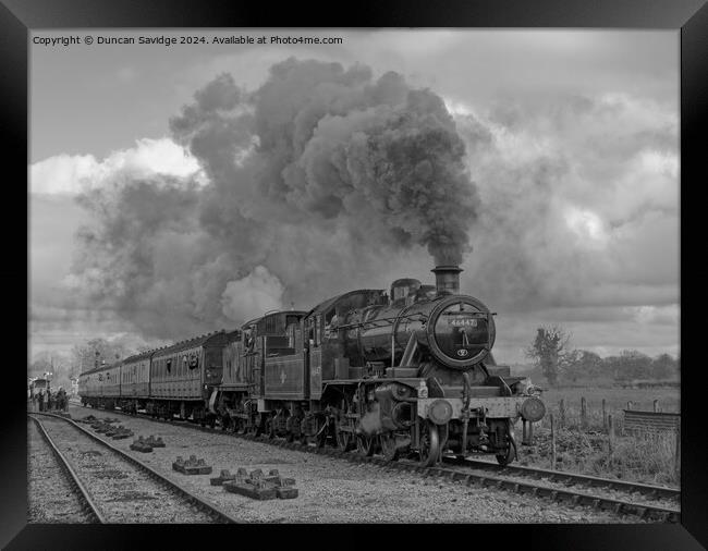 4110 and Ex LMS Ivatt 2MT Class 2-6-0, No.46447 steam trains go back to back in black and white Framed Print by Duncan Savidge