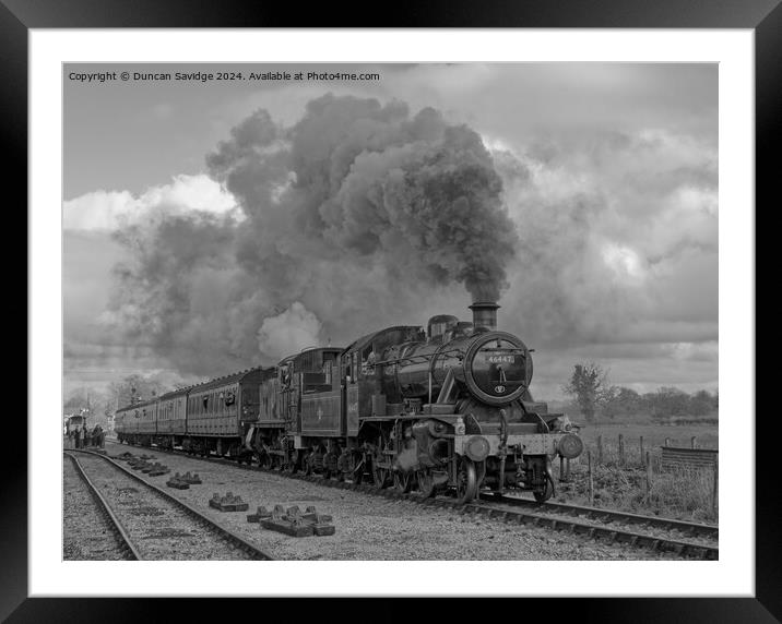 4110 and Ex LMS Ivatt 2MT Class 2-6-0, No.46447 steam trains go back to back in black and white Framed Mounted Print by Duncan Savidge