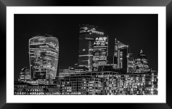 City of London Skyline at dusk in monochrome Framed Mounted Print by Adrian Rowley