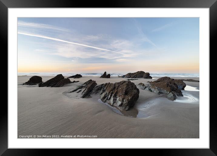 Rocks at low water at Tregantle beach Cornwall Framed Mounted Print by Jim Peters