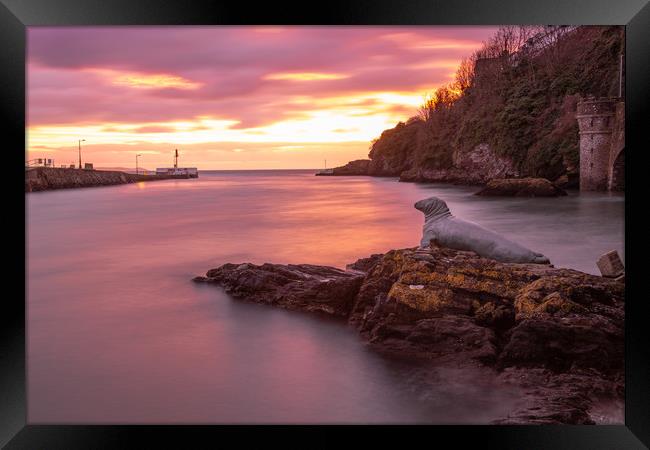 Sunrise in Looe Harbour at the Banjo pier Framed Print by Jim Peters