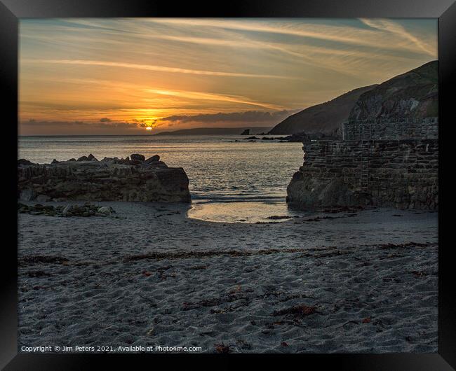 Portwrinkle Harbour under the setting Sun Framed Print by Jim Peters