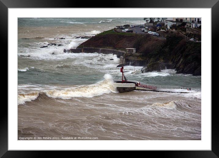 Big seas on the Banjo pier Looe Framed Mounted Print by Jim Peters