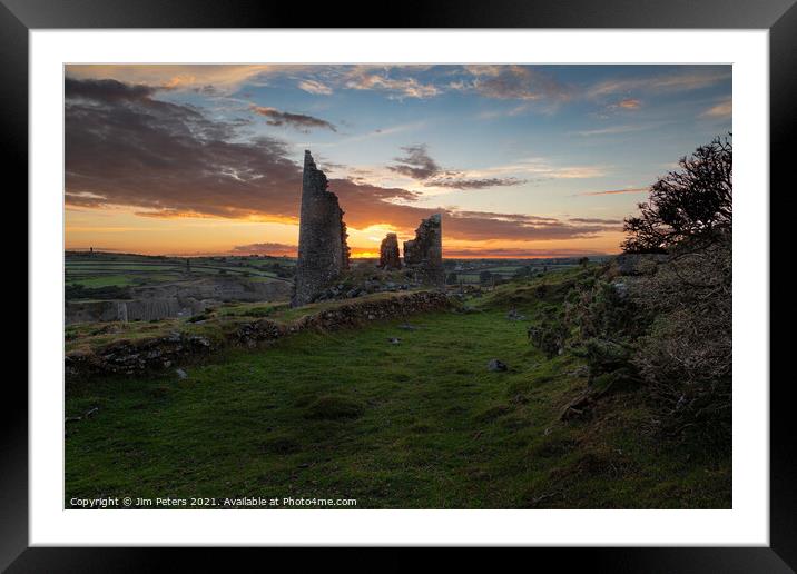 Sunset over Pearce's  mineshaft on Bodmin Moor  Framed Mounted Print by Jim Peters