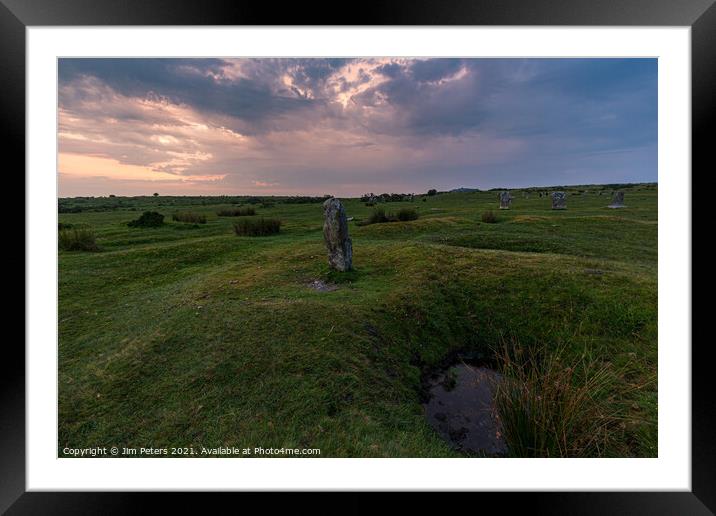 Lone stone at the hurlers  Framed Mounted Print by Jim Peters
