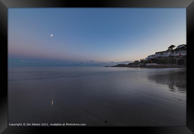 Moonlight reflections on Looe Beach Cornwall Framed Print by Jim Peters