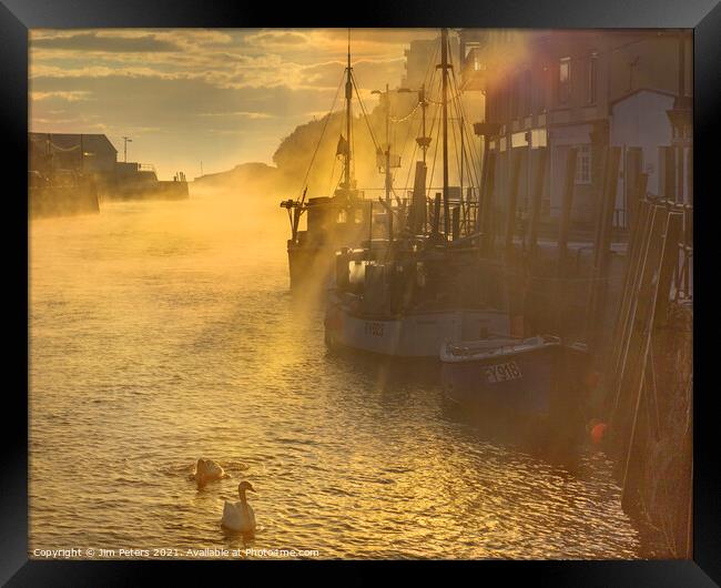 Misty morning Looe Harbour Framed Print by Jim Peters