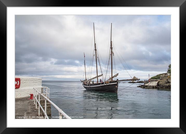 Old sailing vessel the Greyhound entering Looe Framed Mounted Print by Jim Peters