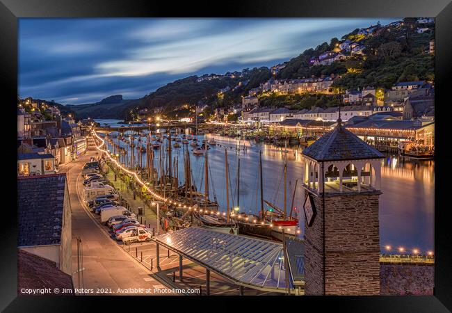 Nighttime in Looe Harbour on the lugger regatta weekend Cornwall Framed Print by Jim Peters