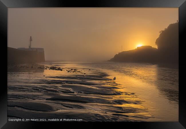 Misty sunrise over white path rock Looe Harbour Framed Print by Jim Peters