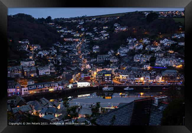 Christmas lights West Looe at night Framed Print by Jim Peters