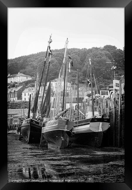 Looe Lugger regatta with Ripple, Maggie and  Erin moored up on West Looe quay at Low water black and white  Framed Print by Jim Peters