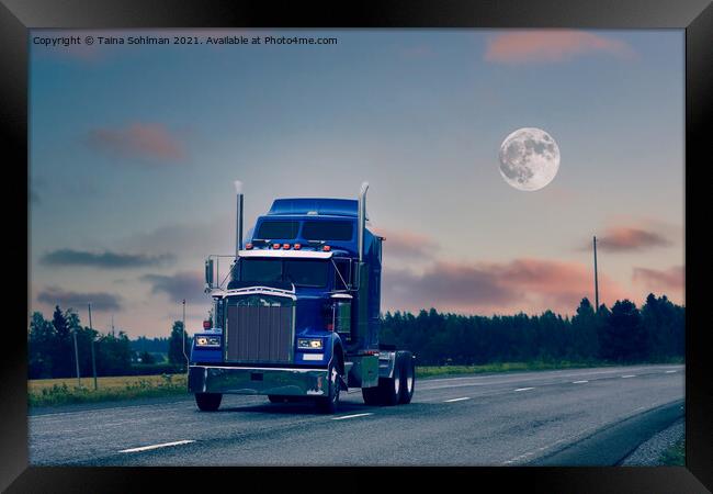 American Truck Bobtailing Under Full Moon Framed Print by Taina Sohlman