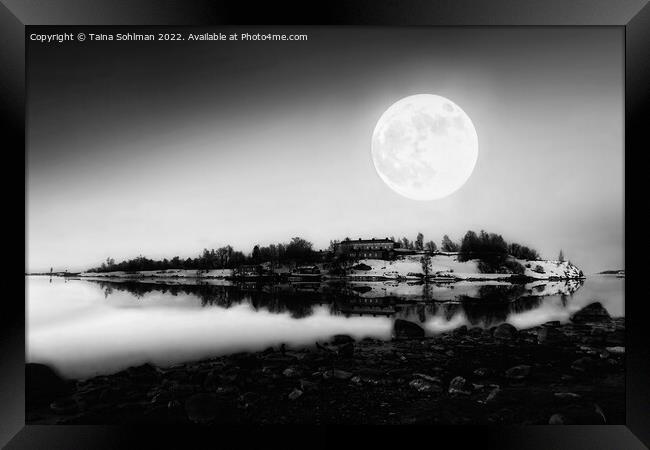 Full Moon over Harakka Island Monochrome Framed Print by Taina Sohlman