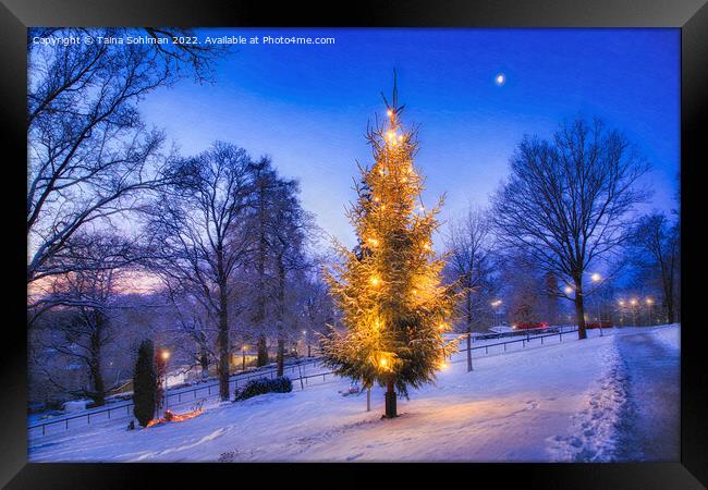 Illuminated Christmas Tree at Uskela Church, Finla Framed Print by Taina Sohlman