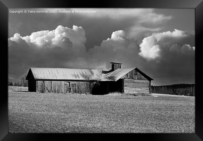 Country Barn Under Cloudy Sky Monochrome Framed Print by Taina Sohlman