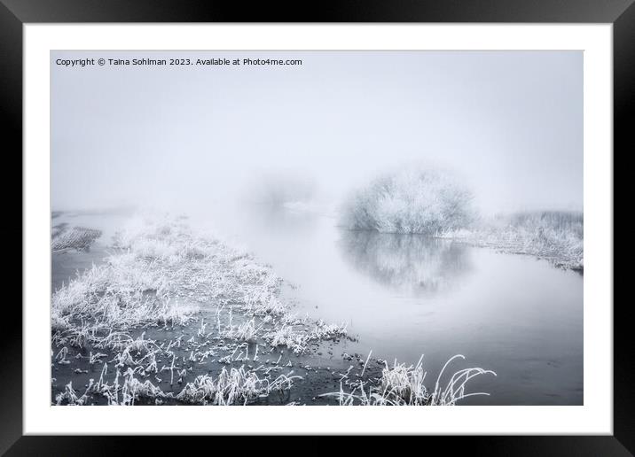 Flooded River in Winter Fog Monochrome Framed Mounted Print by Taina Sohlman