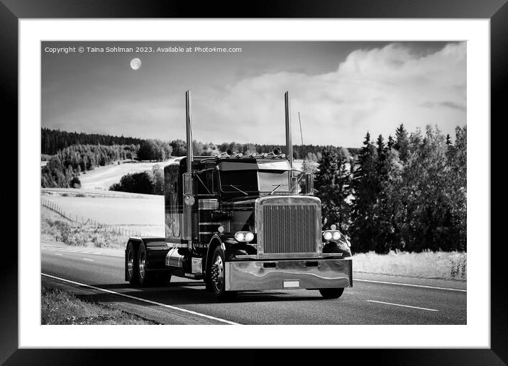 Classic American Truck on Highway Monochrome Framed Mounted Print by Taina Sohlman