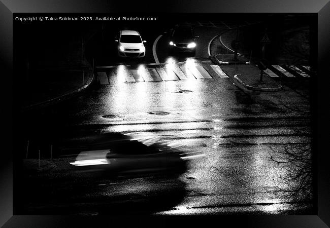 Cars in City at Night, Black and White Framed Print by Taina Sohlman