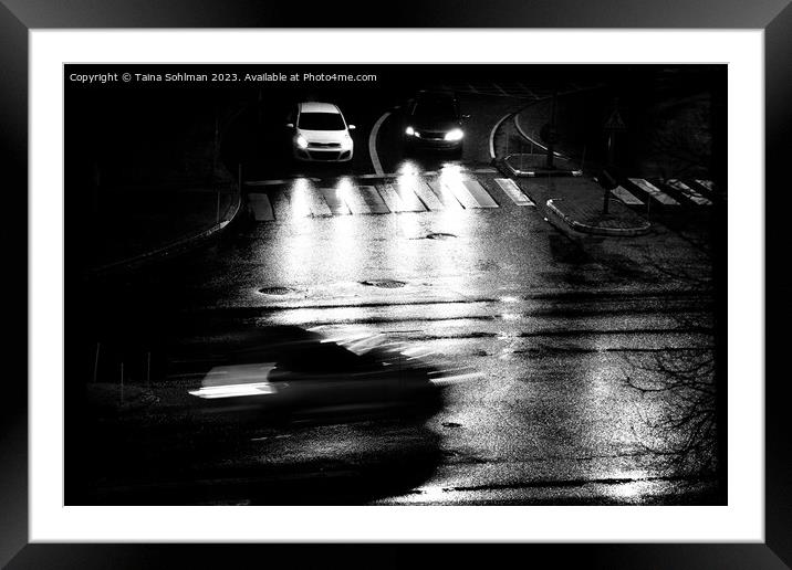 Cars in City at Night, Black and White Framed Mounted Print by Taina Sohlman