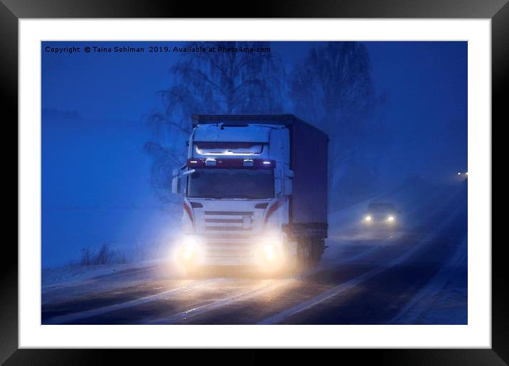 Truck Transport on Foggy Winter Night Watercolour  Framed Mounted Print by Taina Sohlman