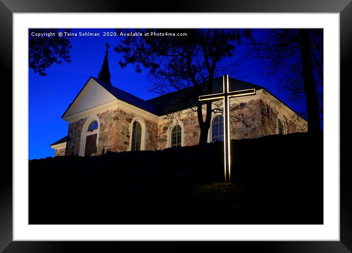 Illuminated Cross and Uskela Church Framed Mounted Print by Taina Sohlman